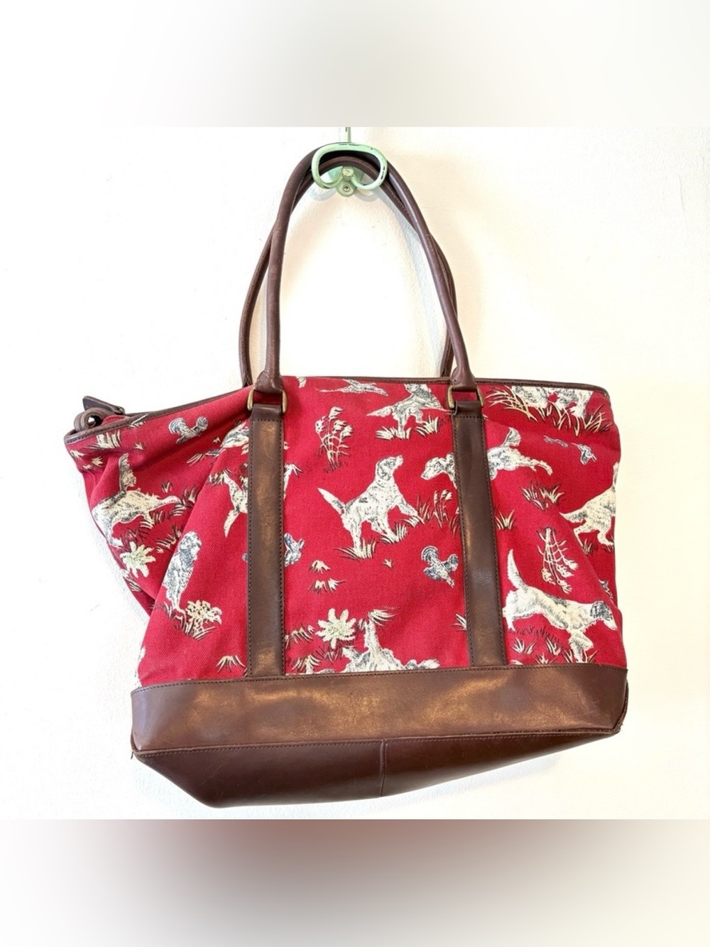Vintage LL Bean red cotton canvas and leather hunting dog toile print tote bag